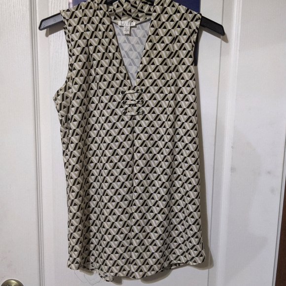 SALE Spense Black & Tan Triangle Geometric Abstract Print Sleeveless Top Blouse - Picture 1 of 3